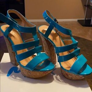 Blue high heel shoes.